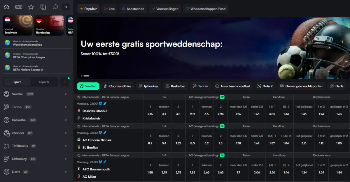 Sportweddenschappen bij Trueluck Casino met sportcategorieën, live wedstrijden en verschillende quoteringen